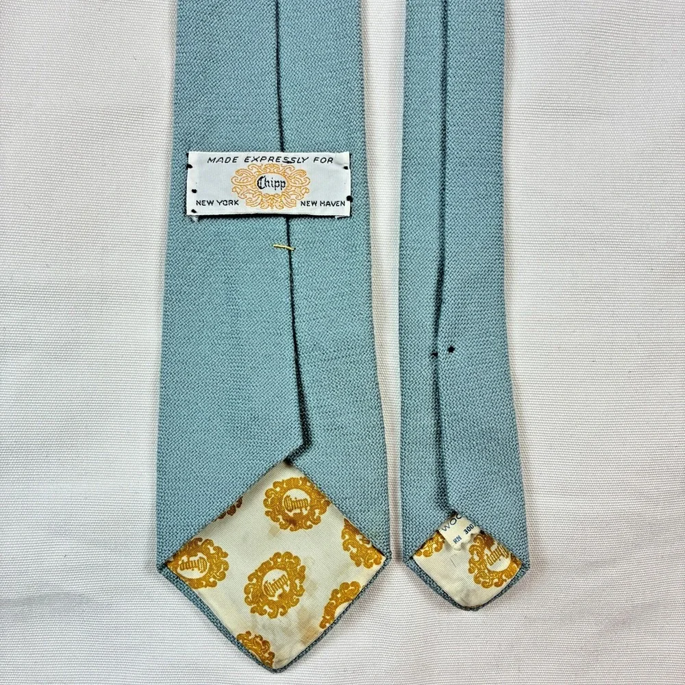 Chipp Wool Tie Mens One Size Teal Blue VTG Ivy Trad USA Handmade Crest Lining